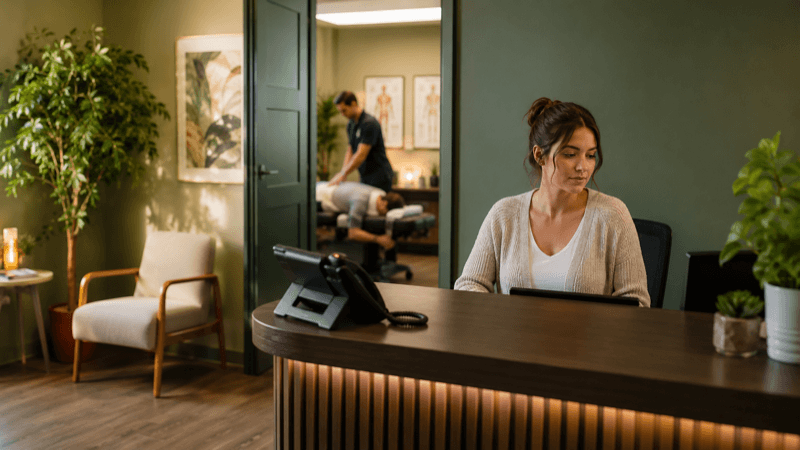 Busy chiropractic office reception desk with phone ringing and overwhelmed staff — missed calls cost practices thousands per week