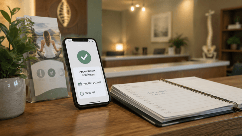 Appointment booked directly into ChiroTouch, Jane App, or Genesis